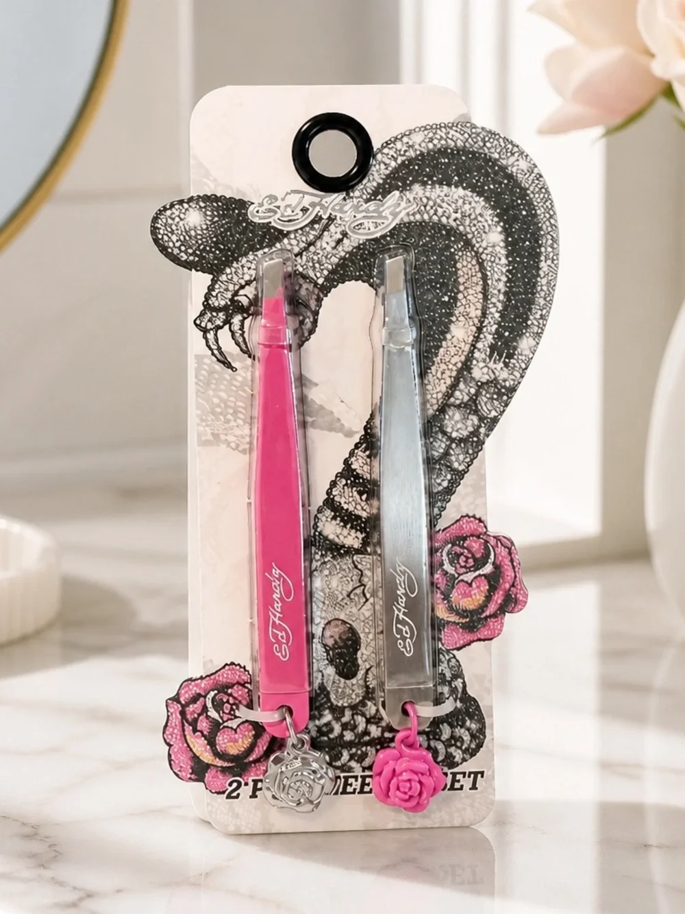 Ed Hardy 2-Piece Tweezer Set Pink Silver Rose Charms